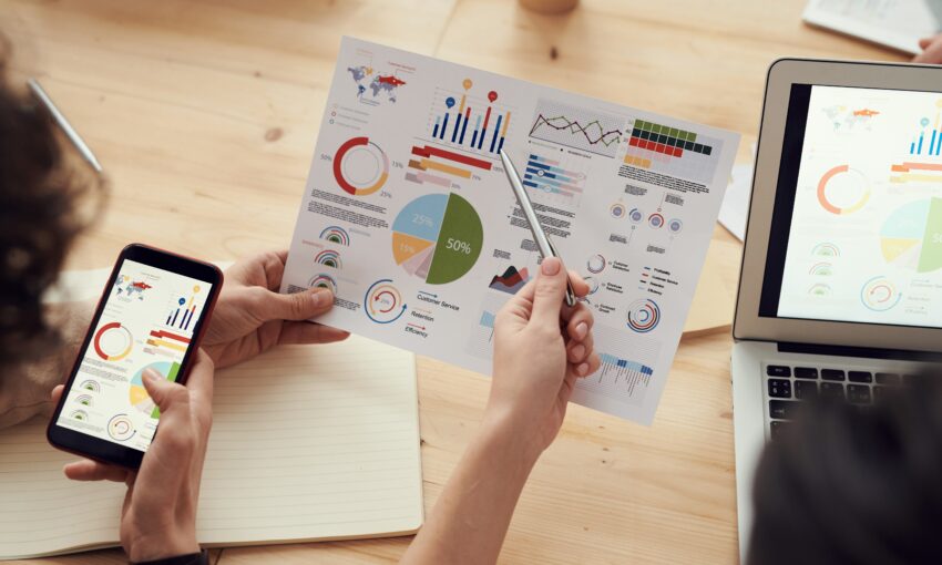 UX surveys results with diagrams and infographics, shown on a paper, phone and laptop